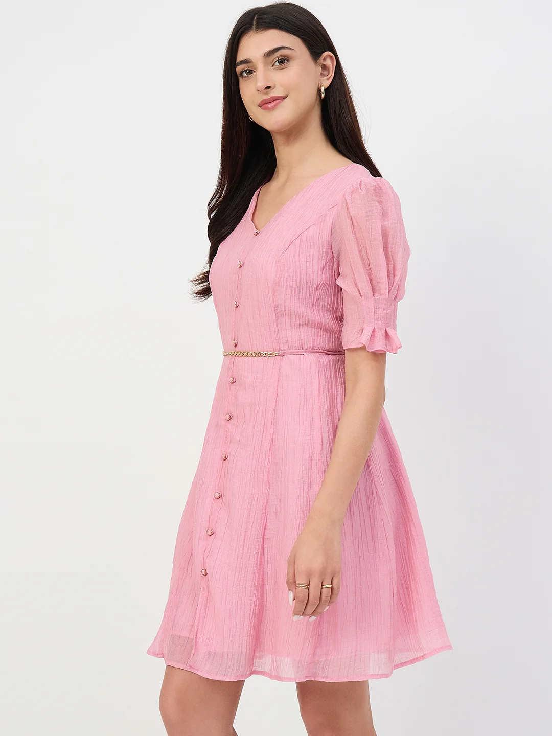 Madame Pink V-Neck Fit and Flare Lyocell Dress with Chain Belt - Image 5