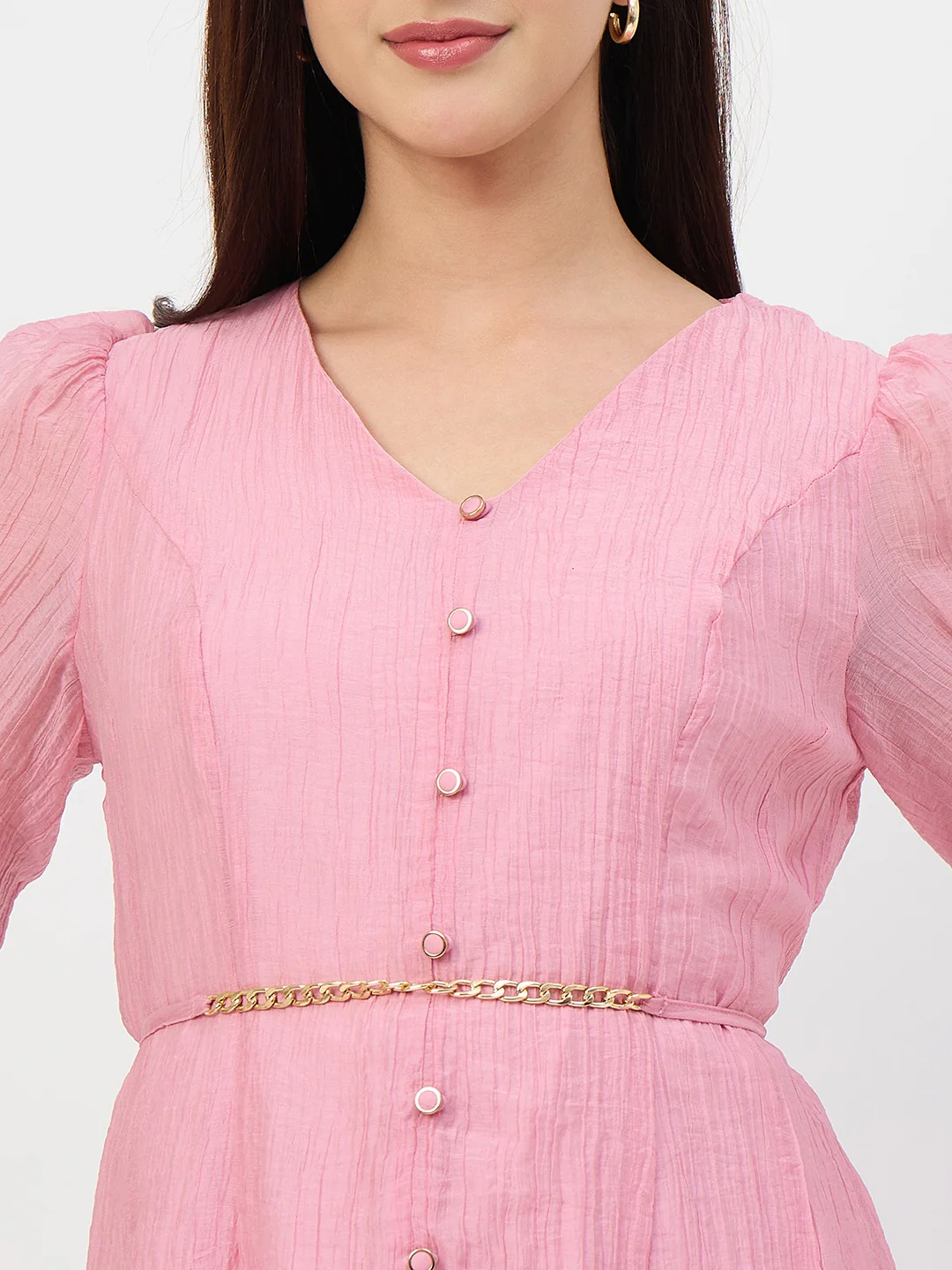 Madame Pink V-Neck Fit and Flare Lyocell Dress with Chain Belt - Image 7