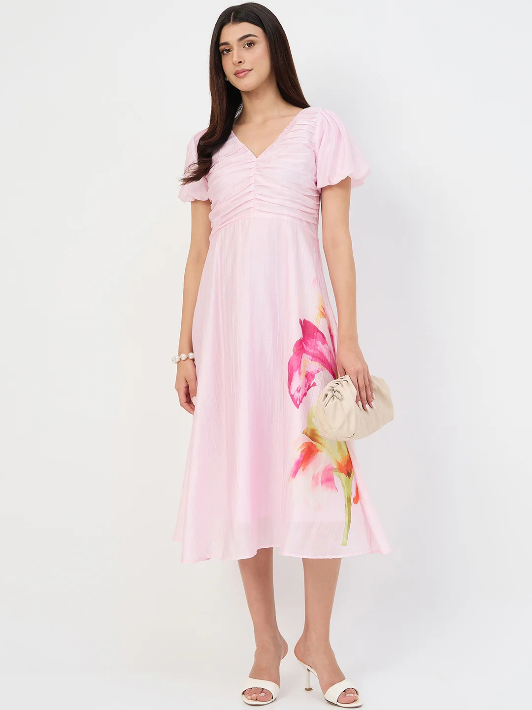 Madame Pink Printed Ruched Tencel Dress - Image 4