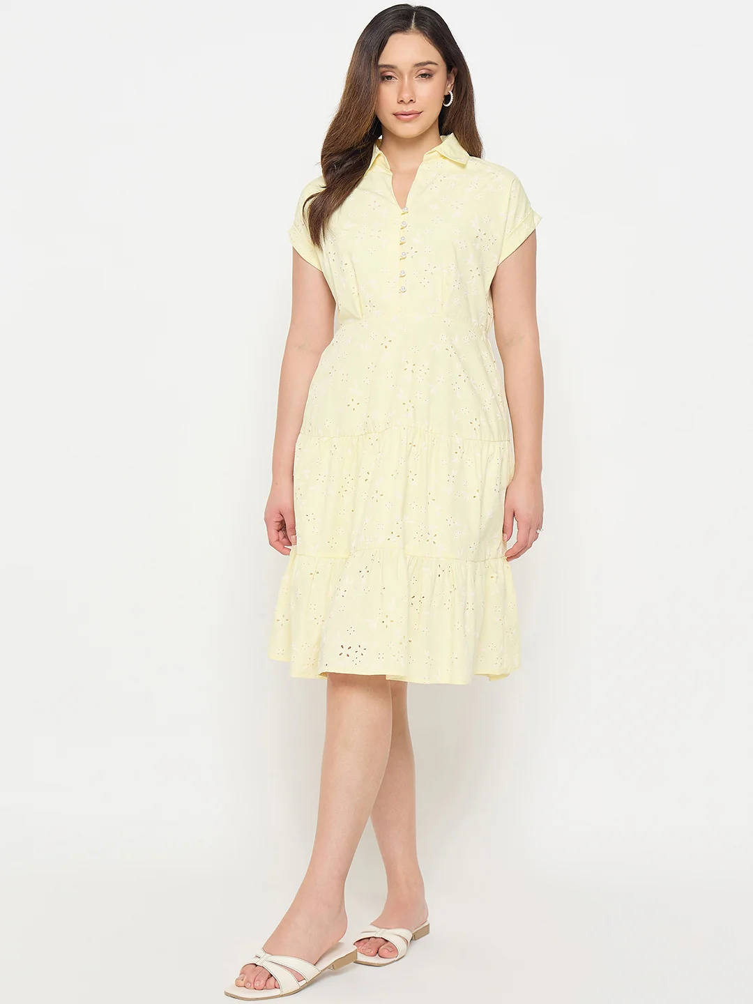 Madame Butter Yellow Printed Cotton Tiered Dress - Image 2