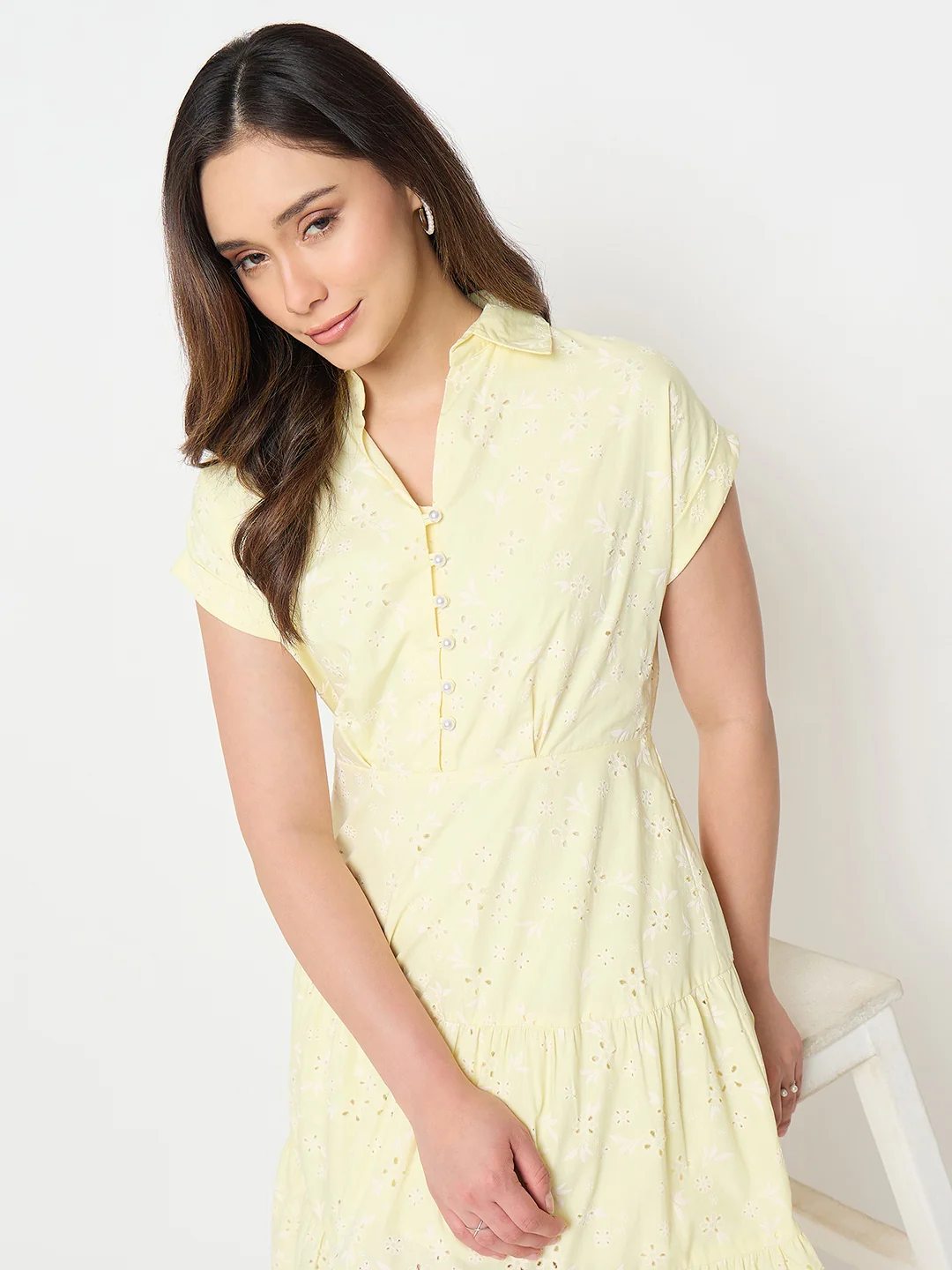 Madame Butter Yellow Printed Cotton Tiered Dress - Image 3