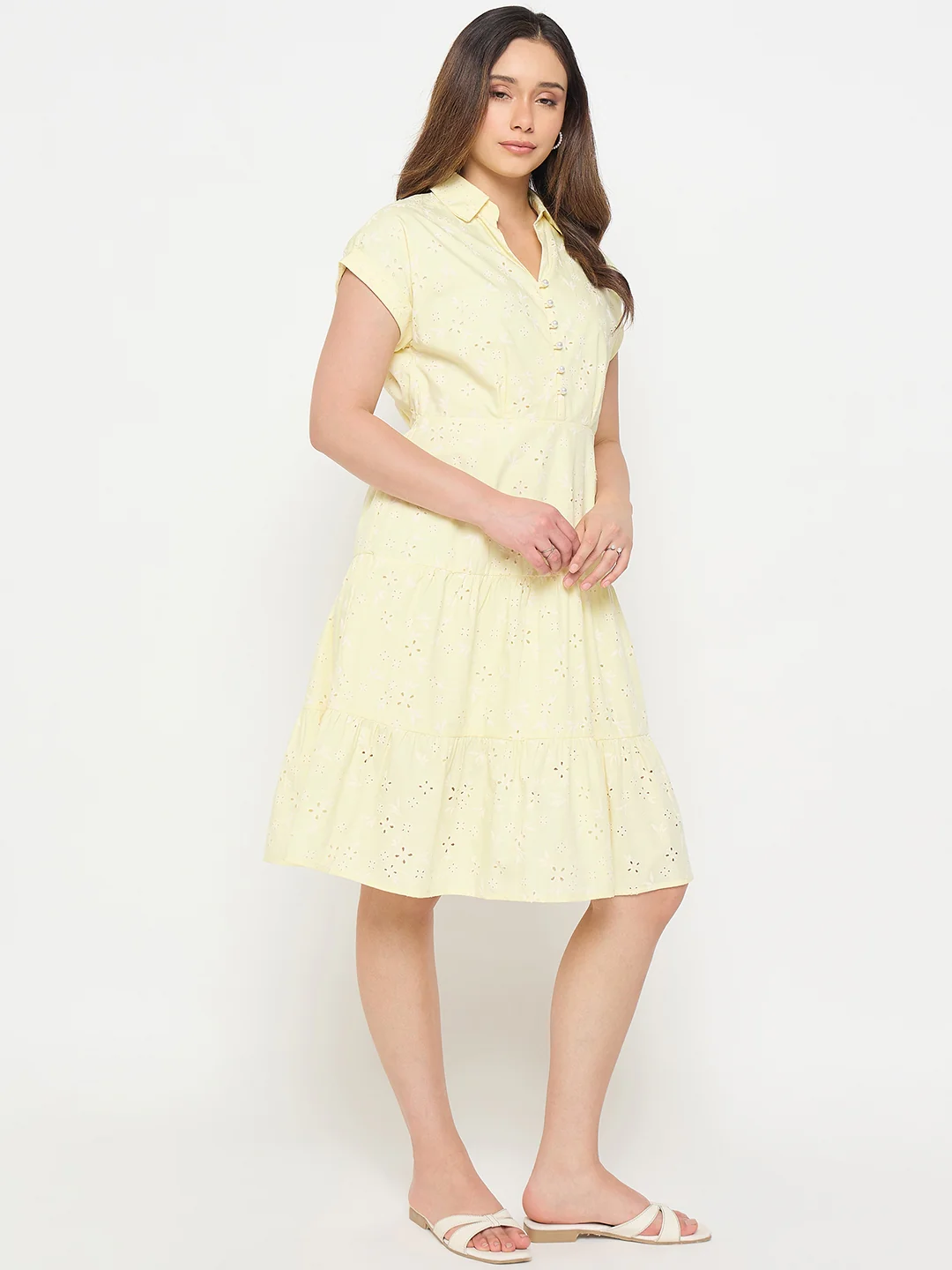 Madame Butter Yellow Printed Cotton Tiered Dress - Image 5