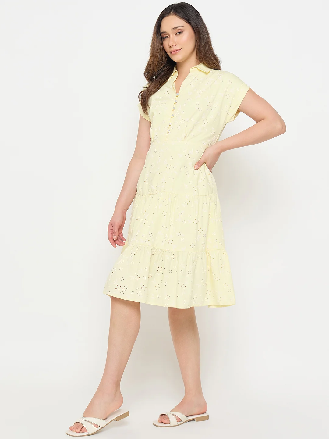 Madame Butter Yellow Printed Cotton Tiered Dress - Image 6