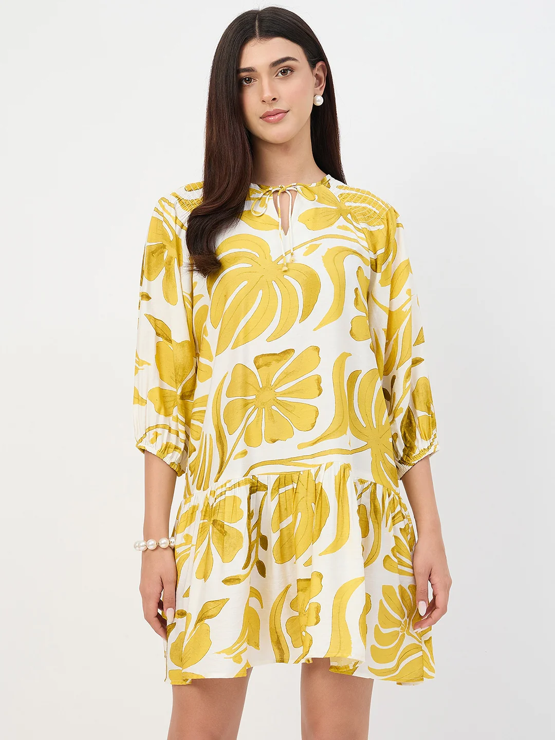 Madame Yellow Leaf Print Rayon Midi Dress - Image 2