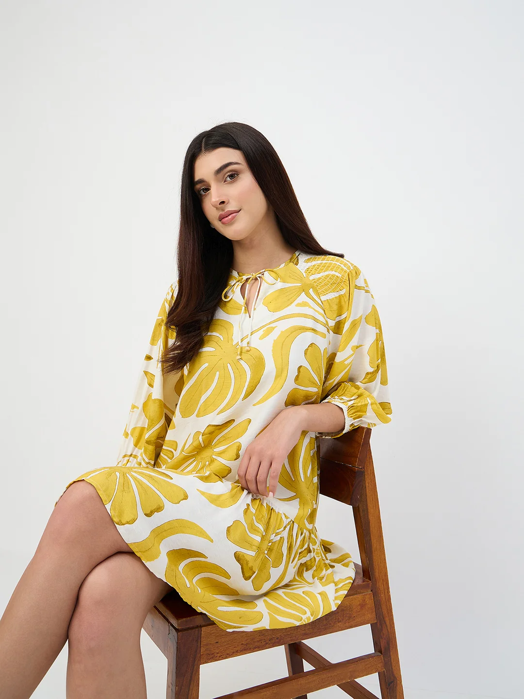 Madame Yellow Leaf Print Rayon Midi Dress - Image 3