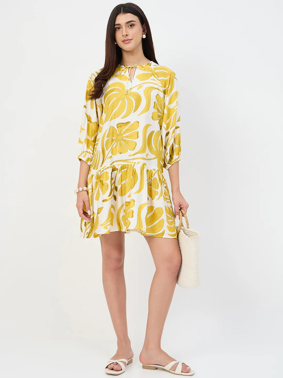 Madame Yellow Leaf Print Rayon Midi Dress - Image 4