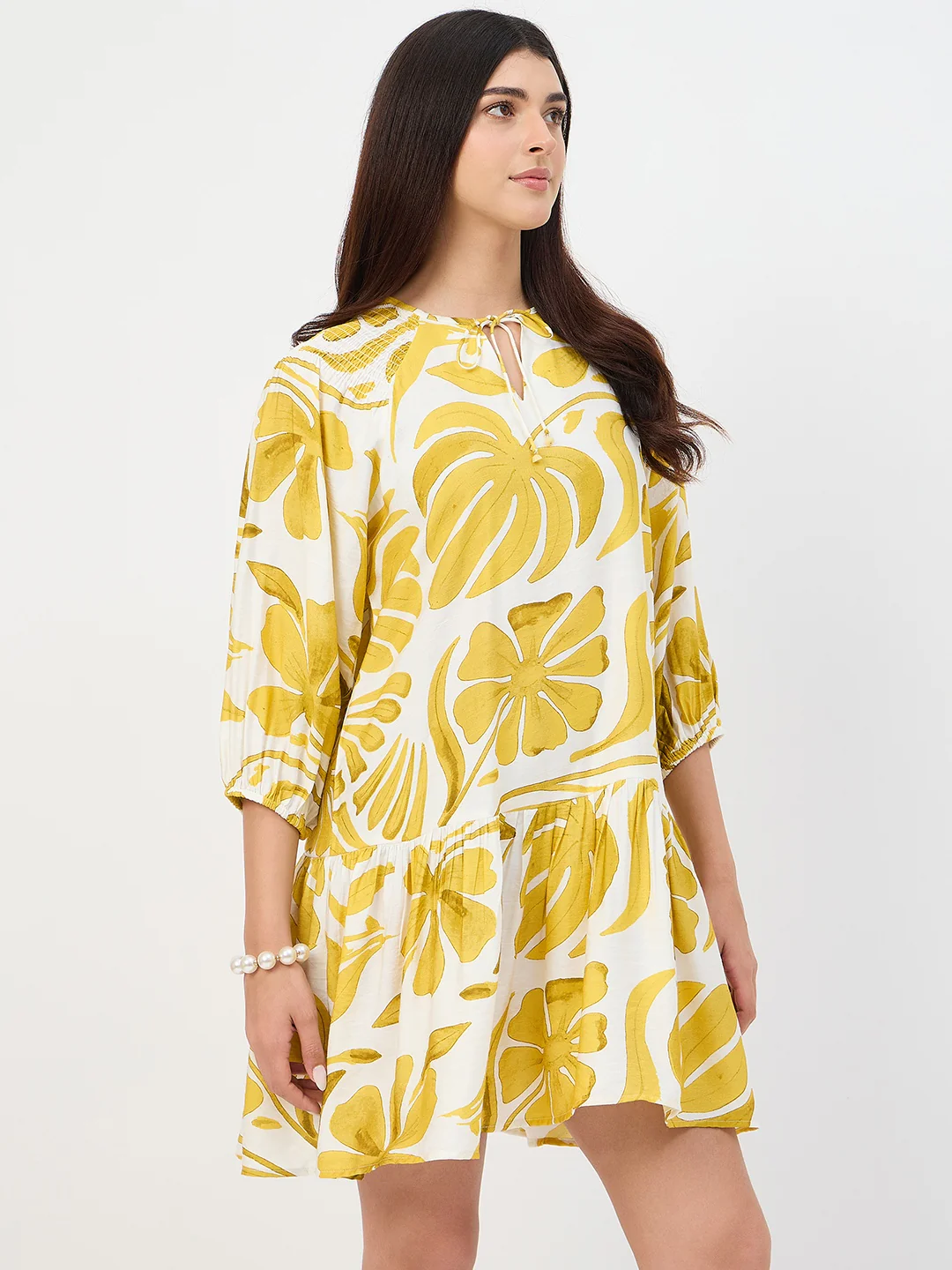 Madame Yellow Leaf Print Rayon Midi Dress - Image 5