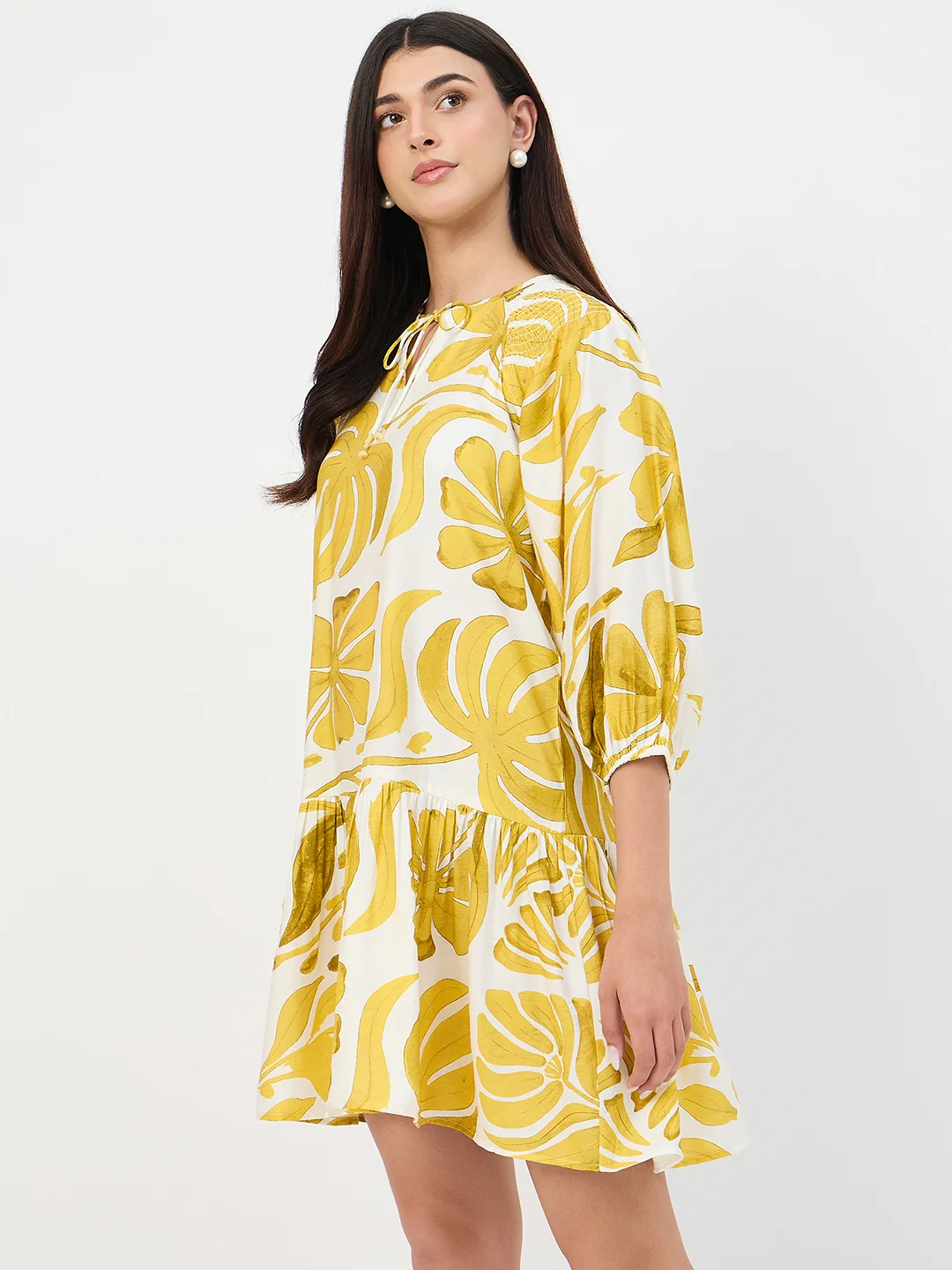 Madame Yellow Leaf Print Rayon Midi Dress - Image 6