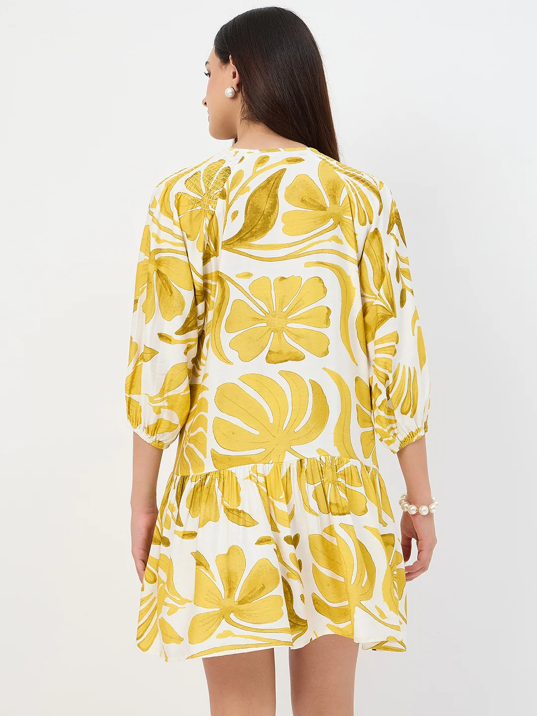 Madame Yellow Leaf Print Rayon Midi Dress - Image 7