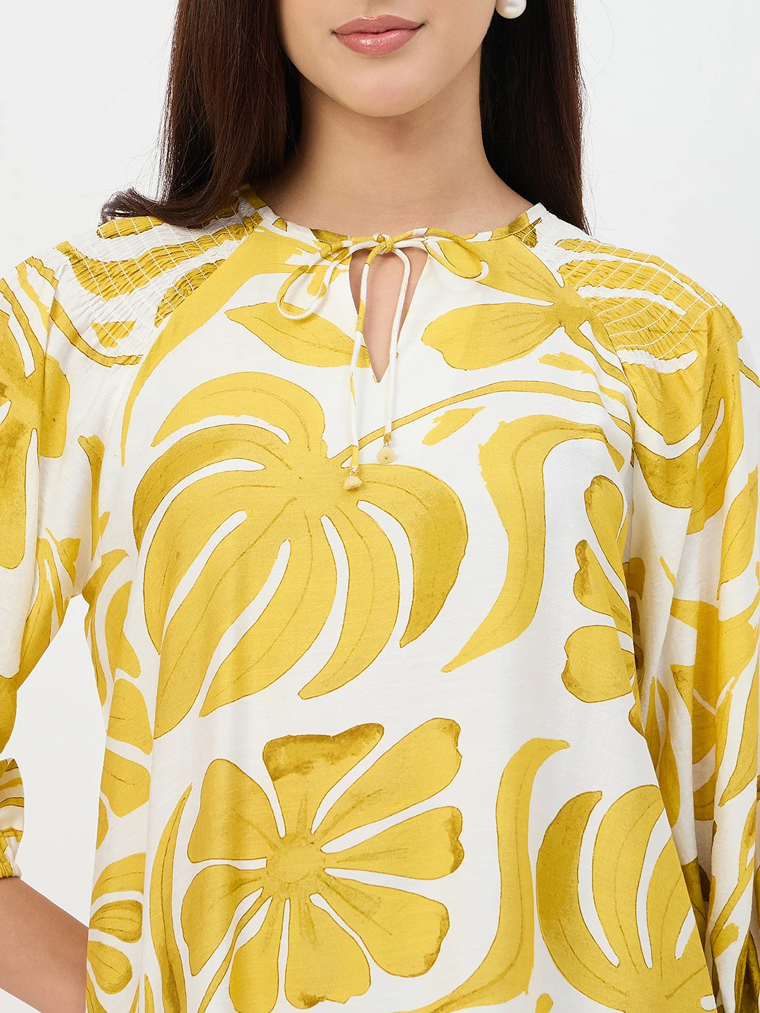 Madame Yellow Leaf Print Rayon Midi Dress - Image 8