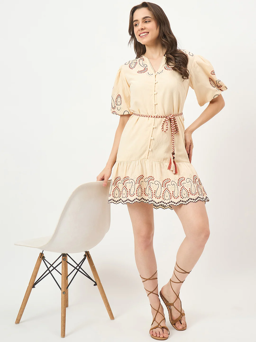 Madame Beige Viscose-Cotton-Linen Blend Dress - Image 3