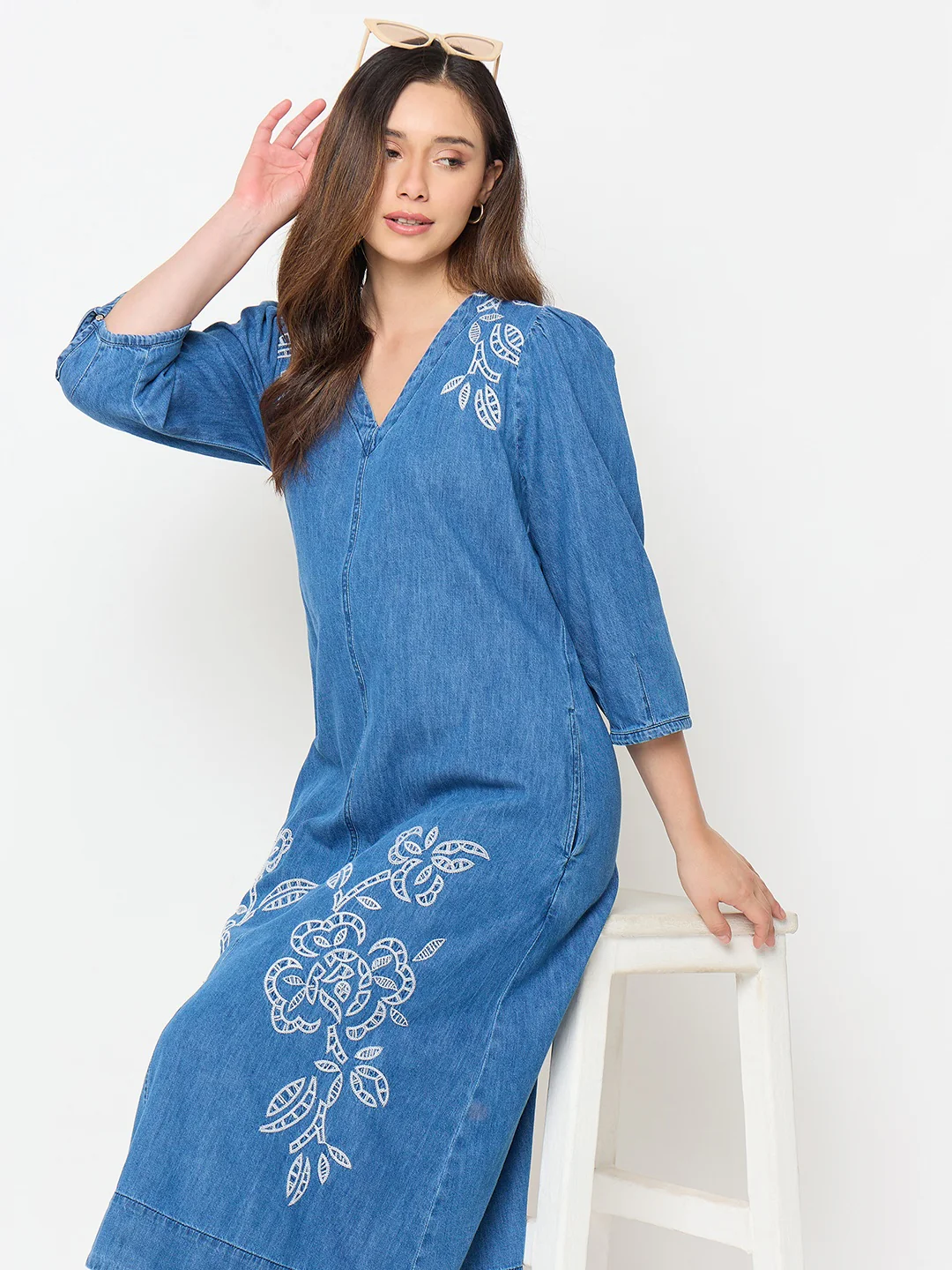 Madame Blue Embroidered Denim Dress - Image 3