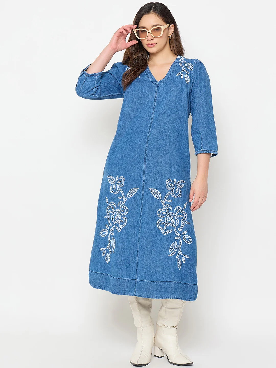 Madame Blue Embroidered Denim Dress - Image 4