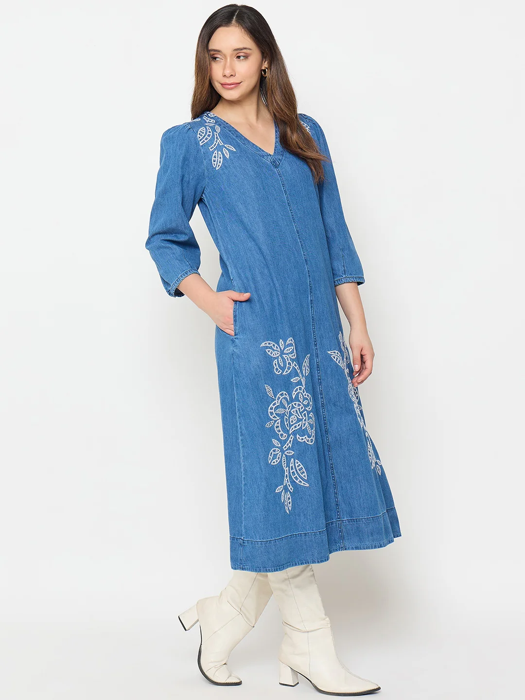 Madame Blue Embroidered Denim Dress - Image 5