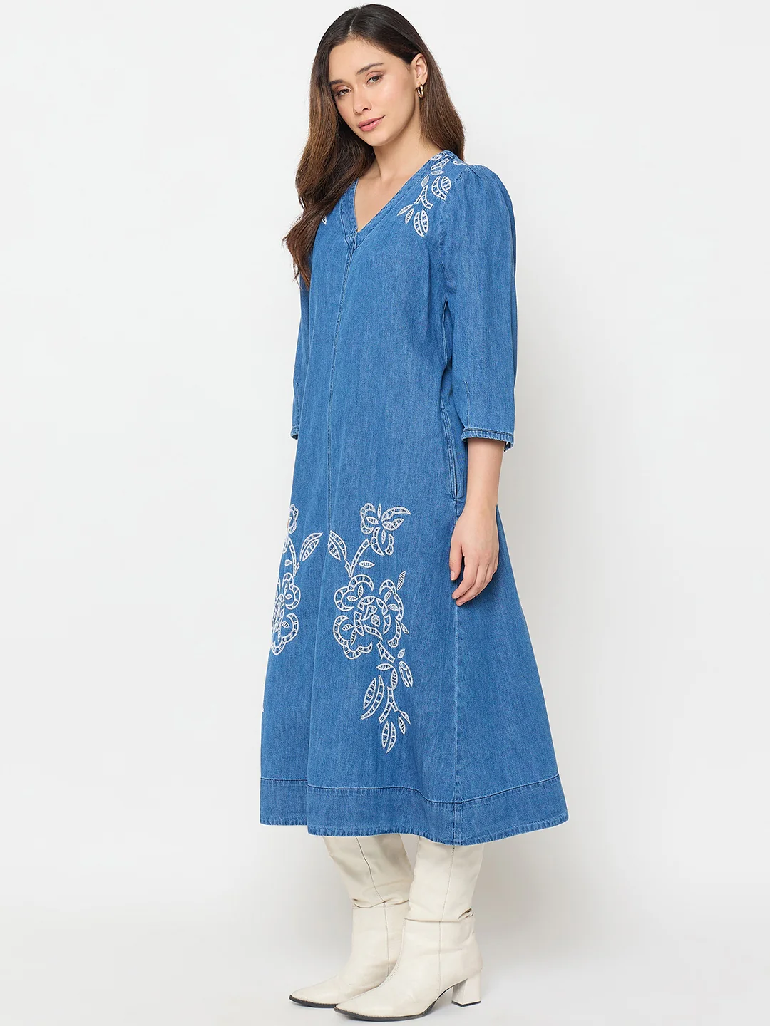 Madame Blue Embroidered Denim Dress - Image 6