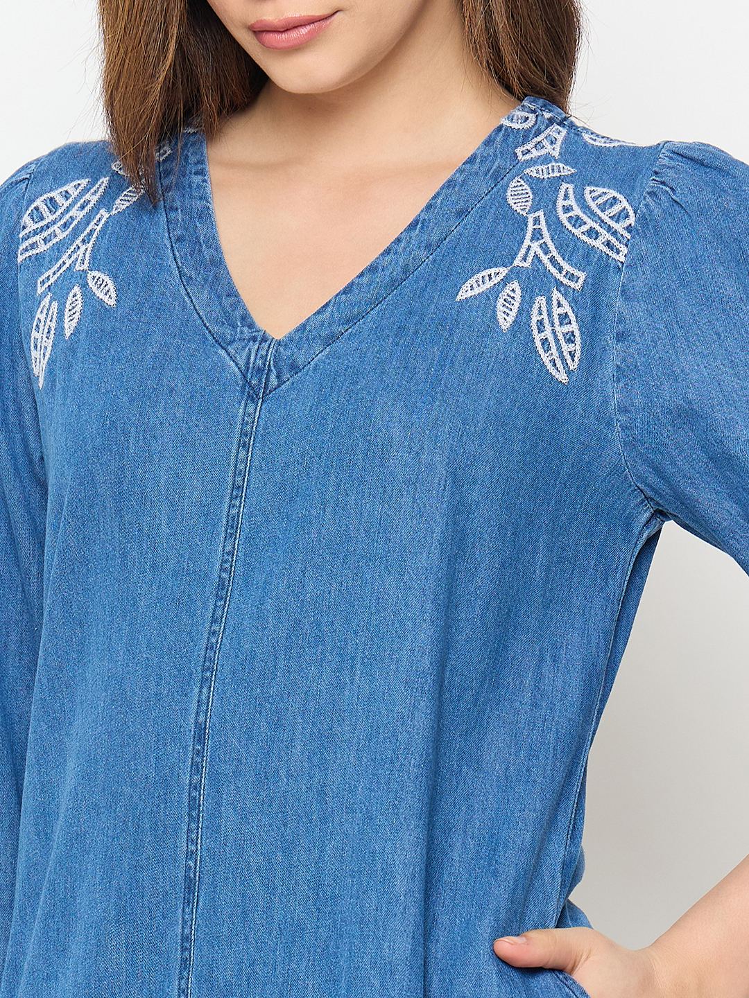 Madame Blue Embroidered Denim Dress - Image 8