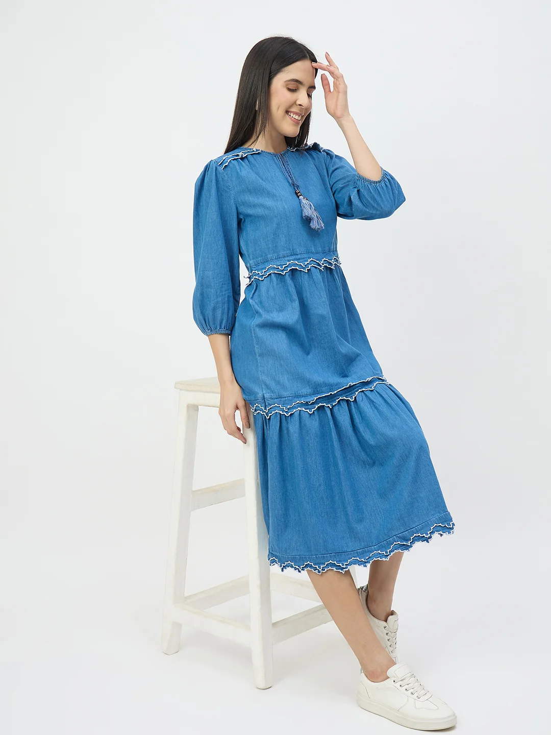 Madame Dark Blue Cotton Denim Dress - Image 2