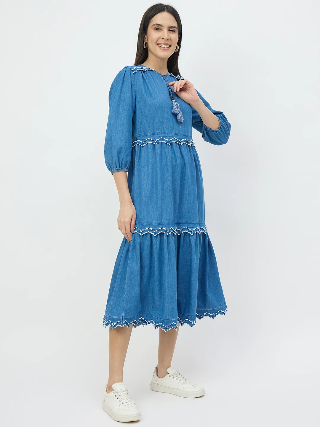 Madame Dark Blue Cotton Denim Dress - Image 4