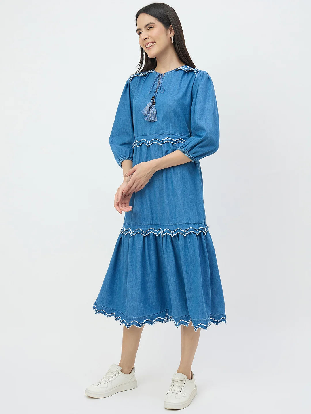 Madame Dark Blue Cotton Denim Dress - Image 5