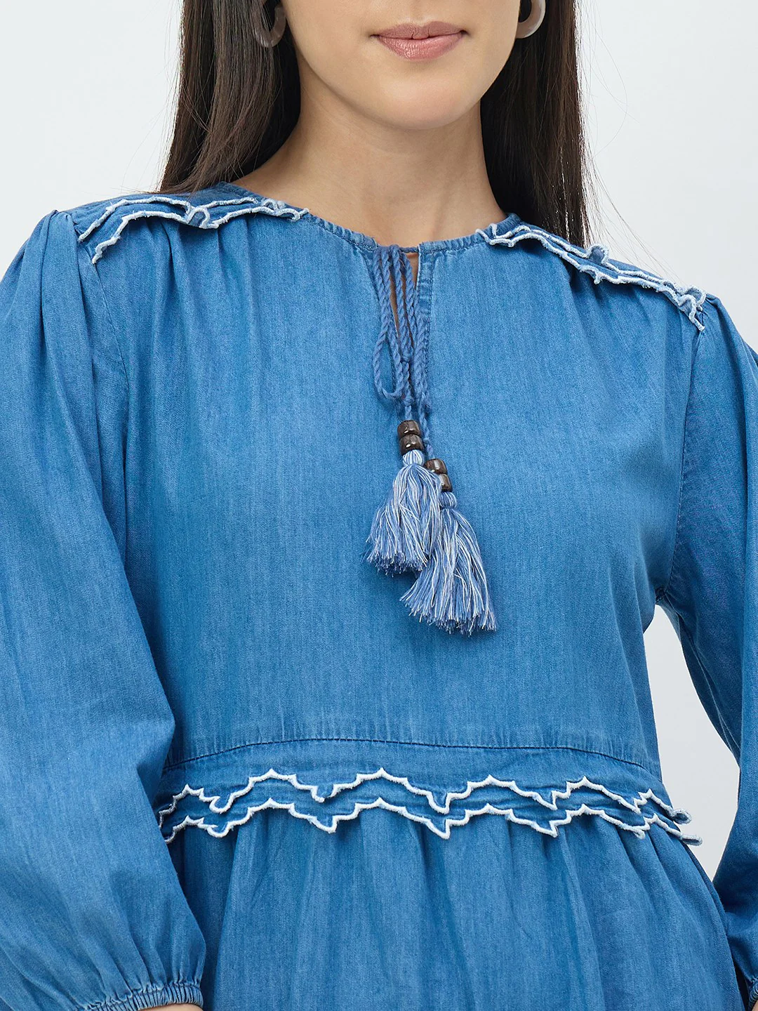 Madame Dark Blue Cotton Denim Dress - Image 7