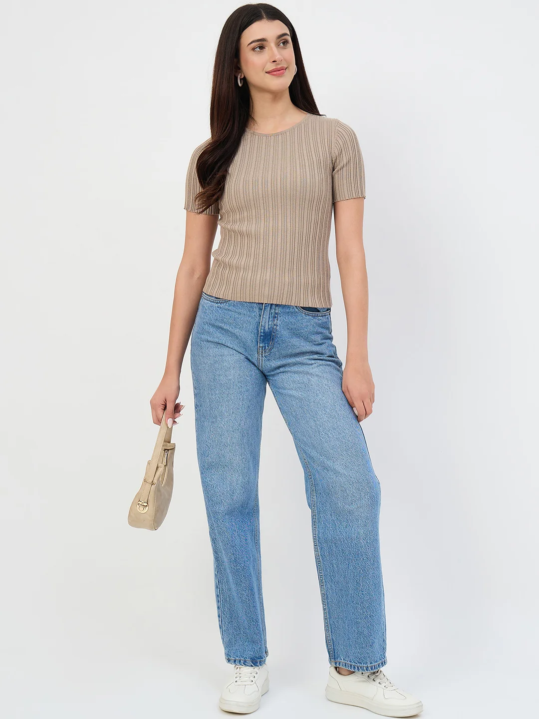 Madame Ash Grey Self-Striped Viscose Knit T-Shirt - Image 3
