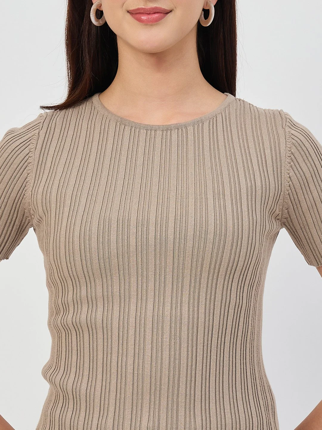 Madame Ash Grey Self-Striped Viscose Knit T-Shirt - Image 7
