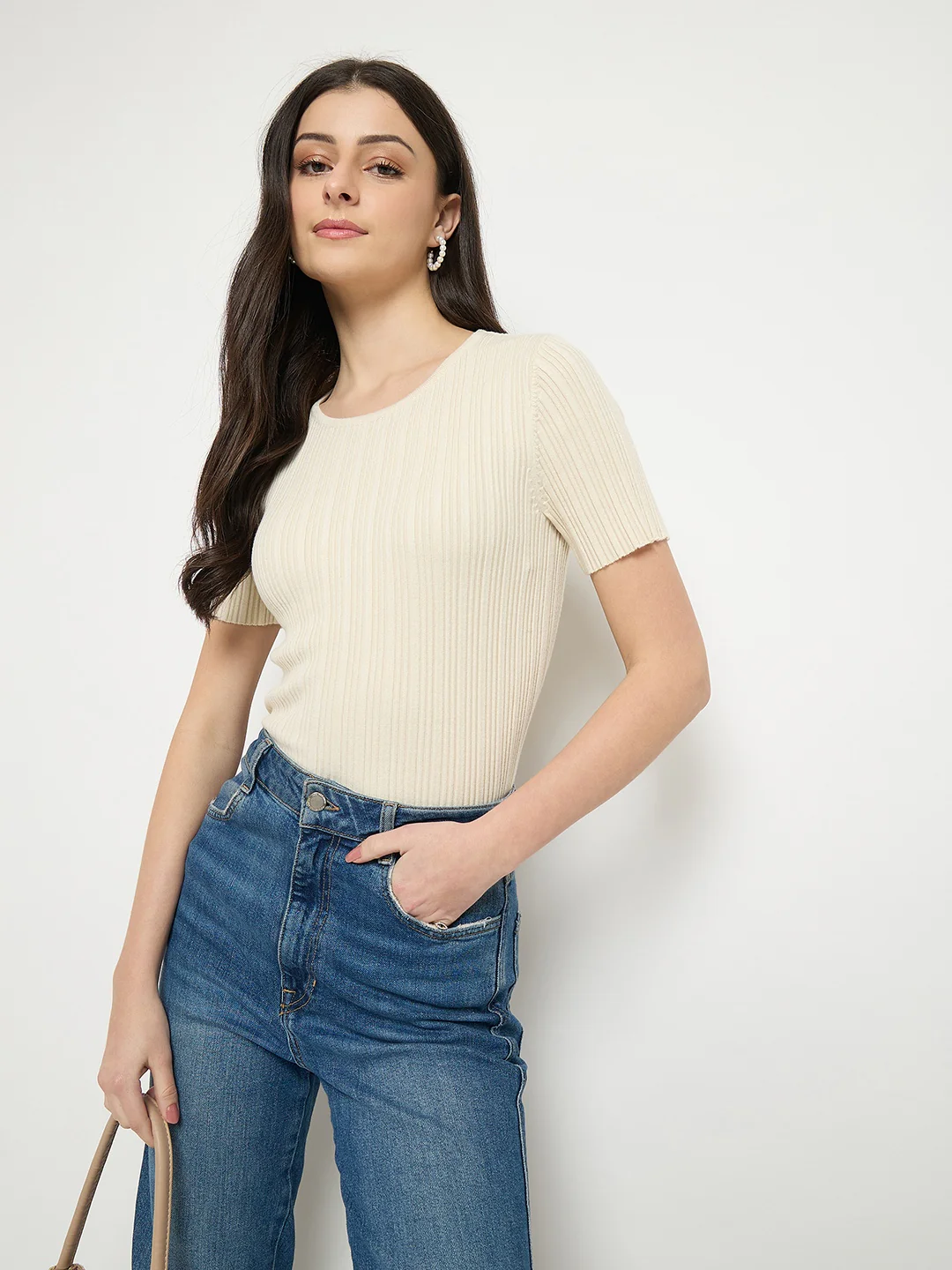 Madame Beige Viscose Blend Knitted T-Shirt - Image 2