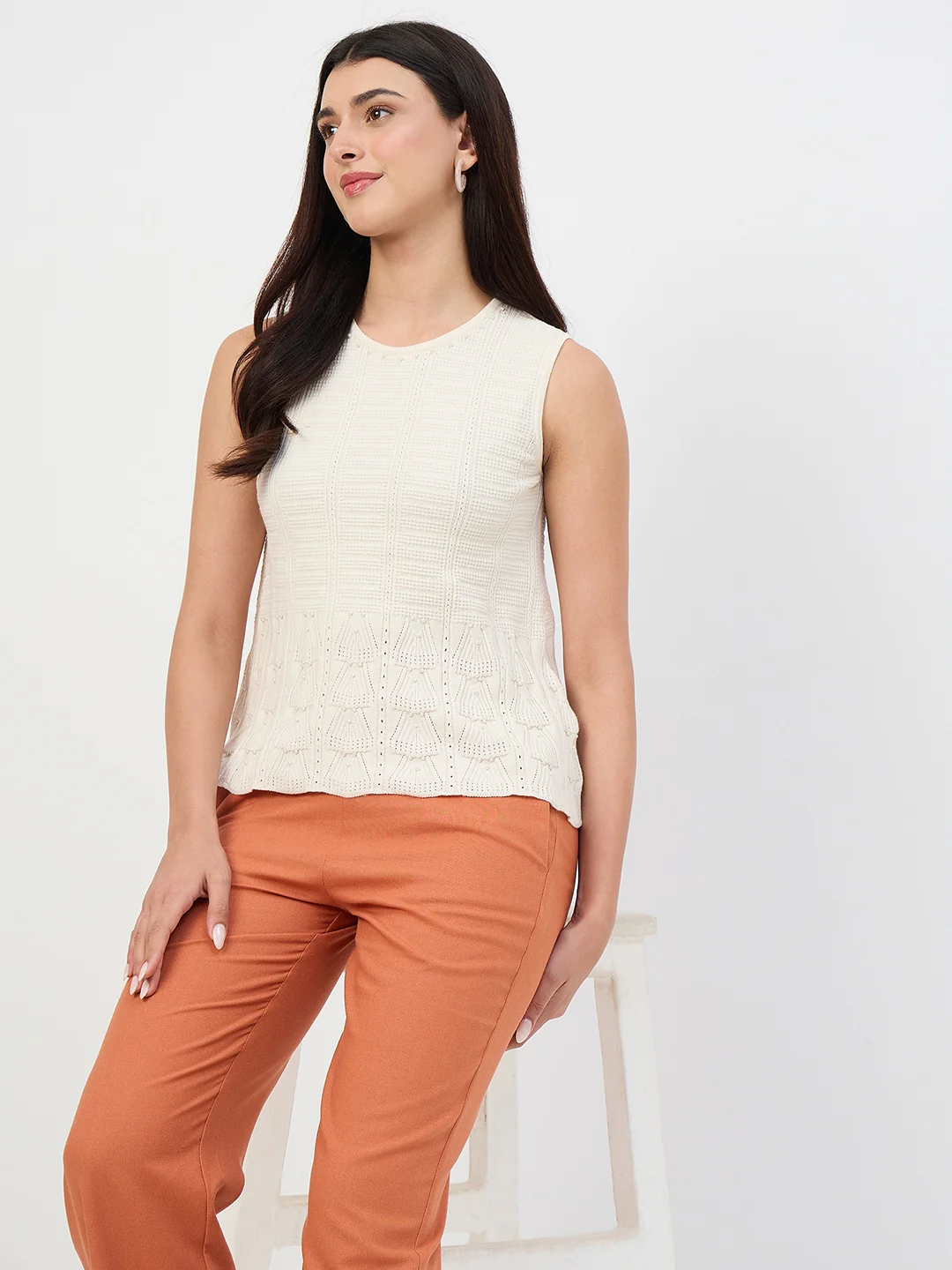 Madame Beige Scallop Hem Cotton Knit Top - Image 2