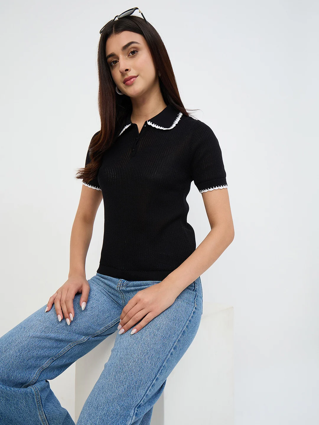 Madame Black Contrast Trim Cotton Polo T-Shirt - Image 2