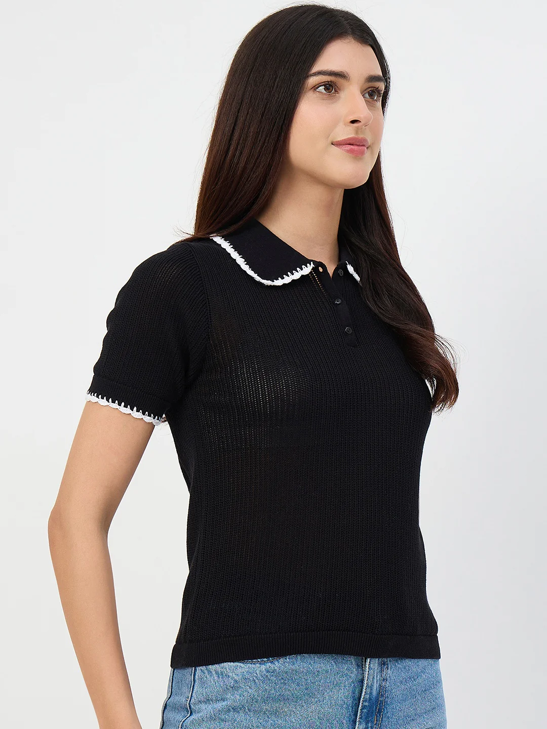 Madame Black Contrast Trim Cotton Polo T-Shirt - Image 4