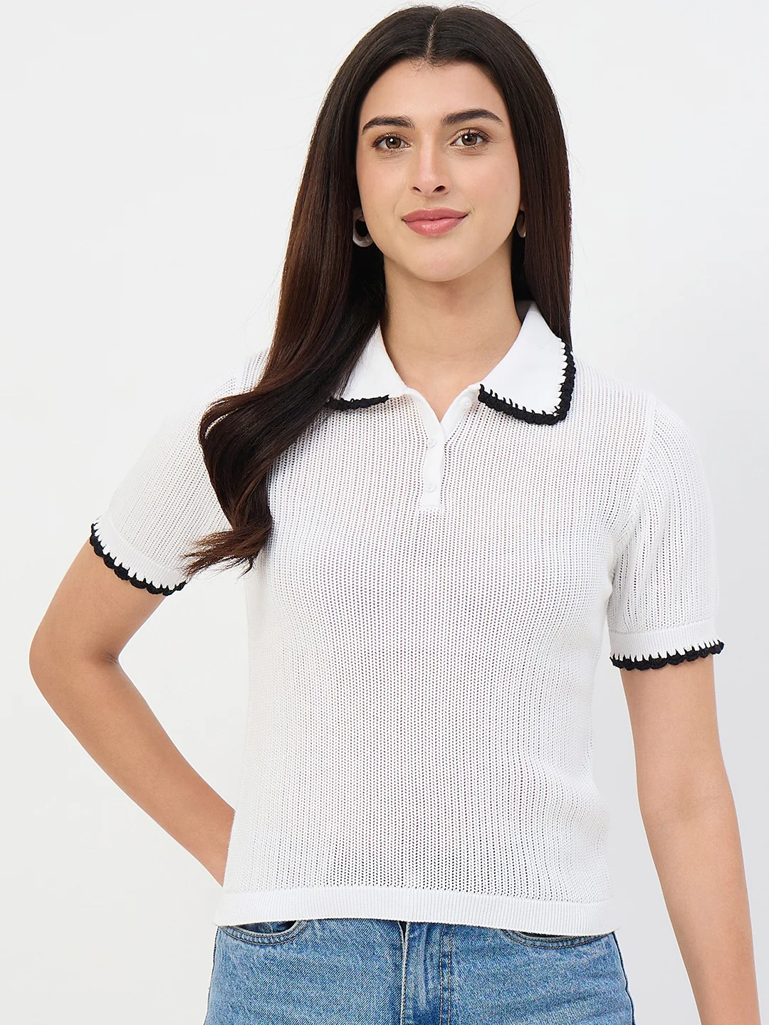 Madame White Contrast Trim Polo Knit T-Shirt