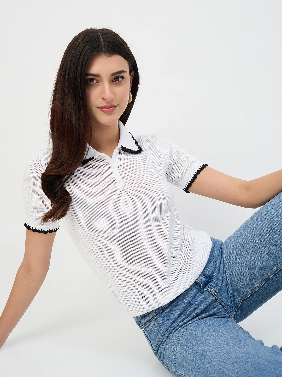 Madame White Contrast Trim Polo Knit T-Shirt - Image 2