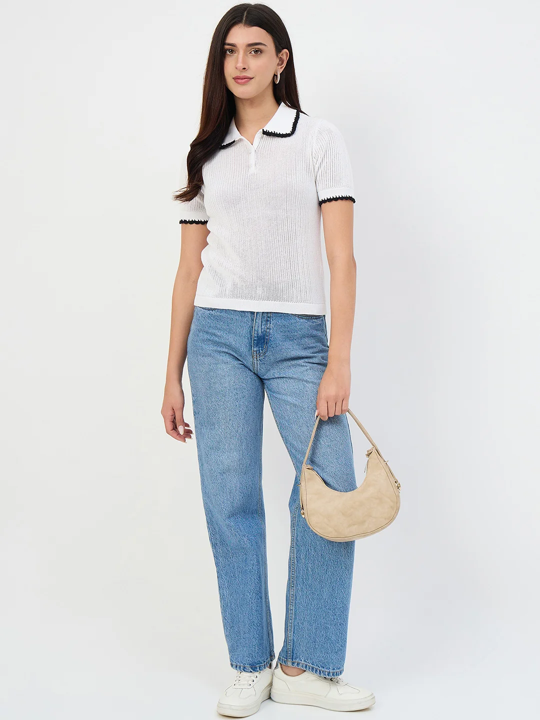 Madame White Contrast Trim Polo Knit T-Shirt - Image 3