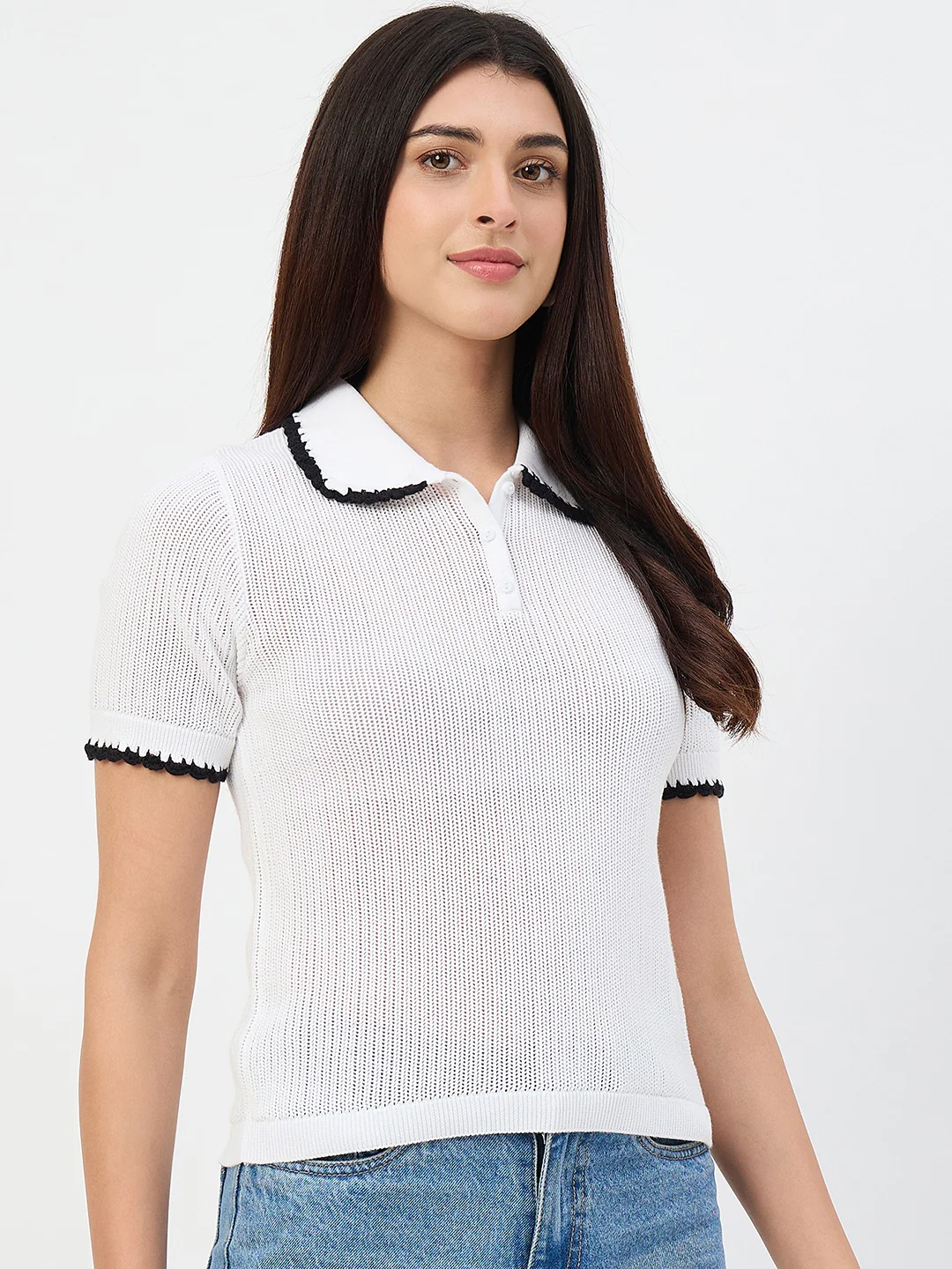 Madame White Contrast Trim Polo Knit T-Shirt - Image 4