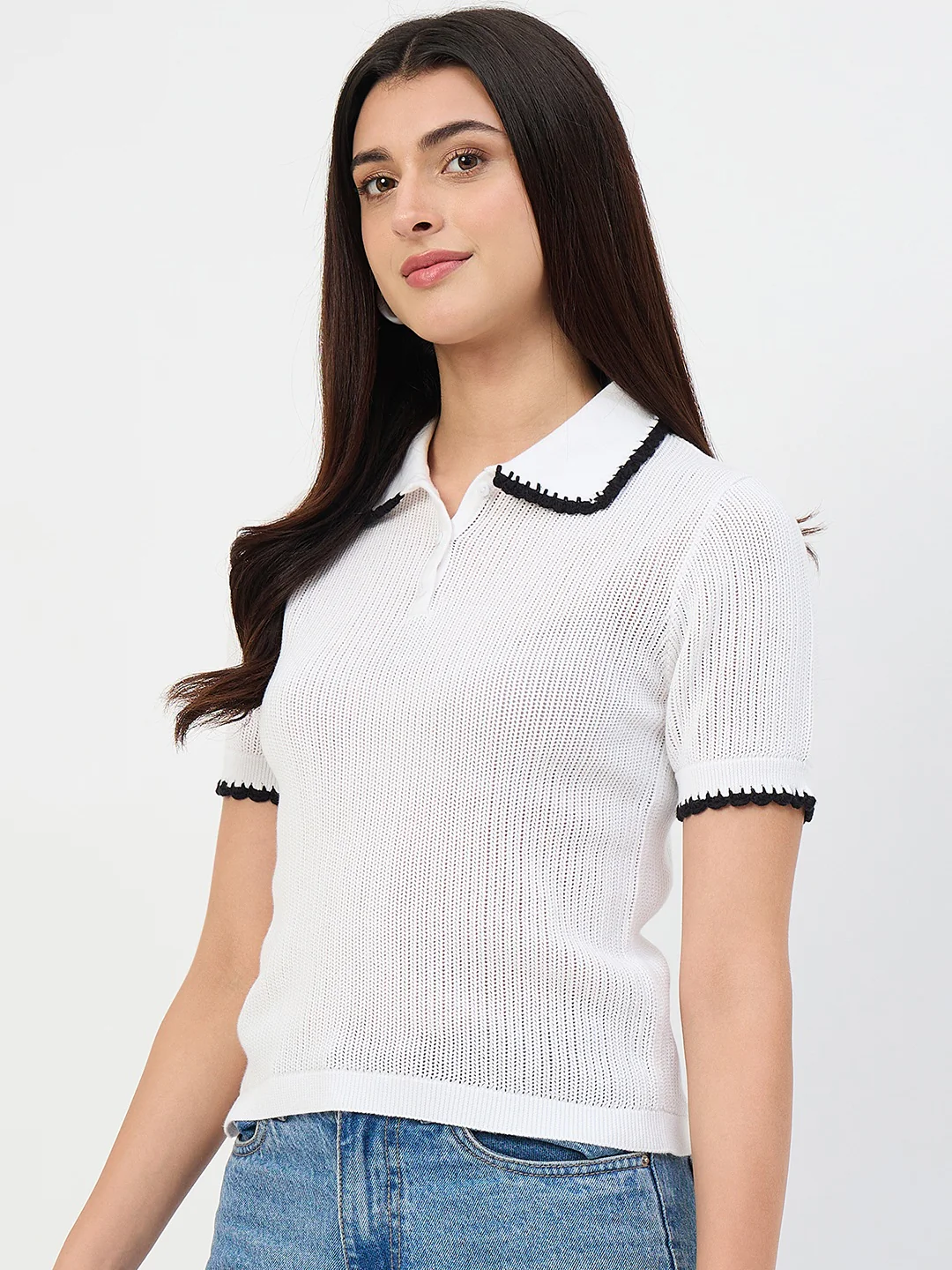 Madame White Contrast Trim Polo Knit T-Shirt - Image 5