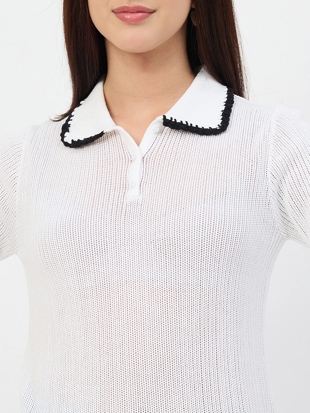 Madame White Contrast Trim Polo Knit T-Shirt - Image 7