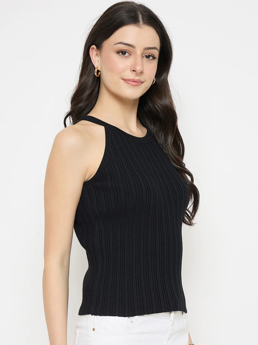 Madame Black Viscose Blend Halter Neck Knitted Top - Image 4