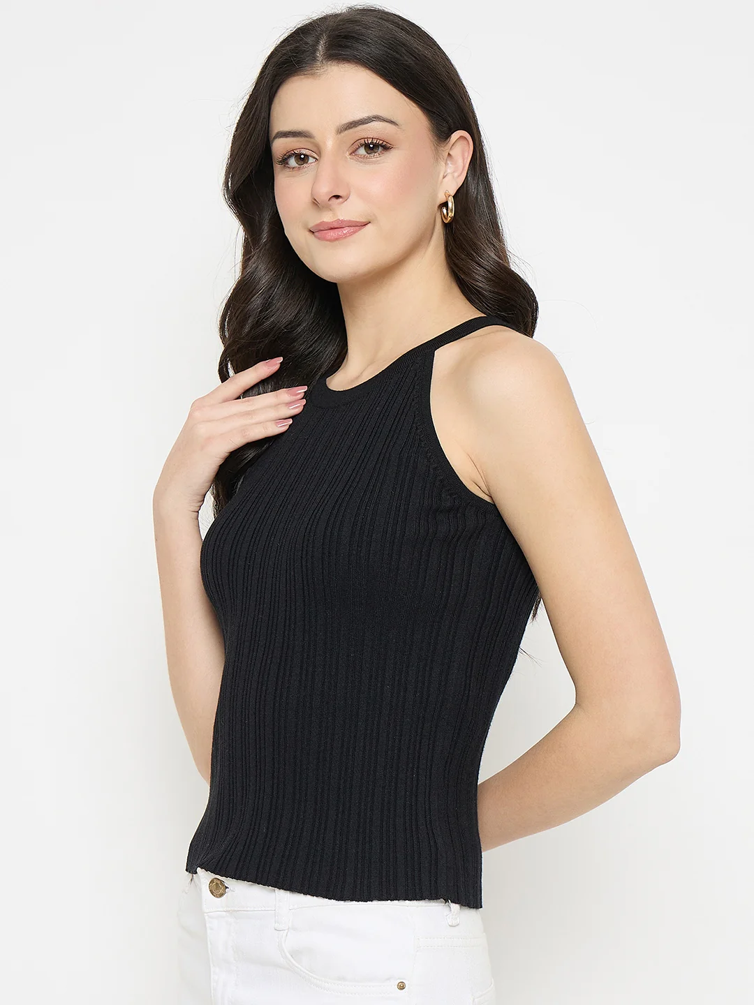 Madame Black Viscose Blend Halter Neck Knitted Top - Image 5