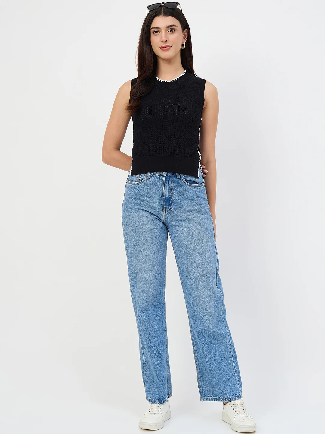 Madame Black Contrast Trim Cotton Blend Knit Top - Image 3