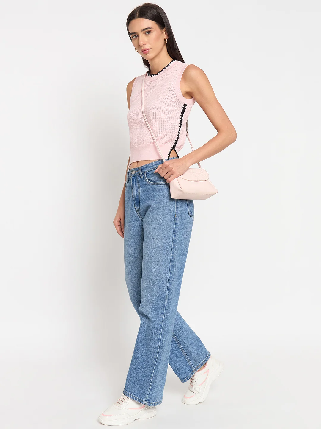 Madame Powder Pink Contrast Trim Cotton Knit Top - Image 3