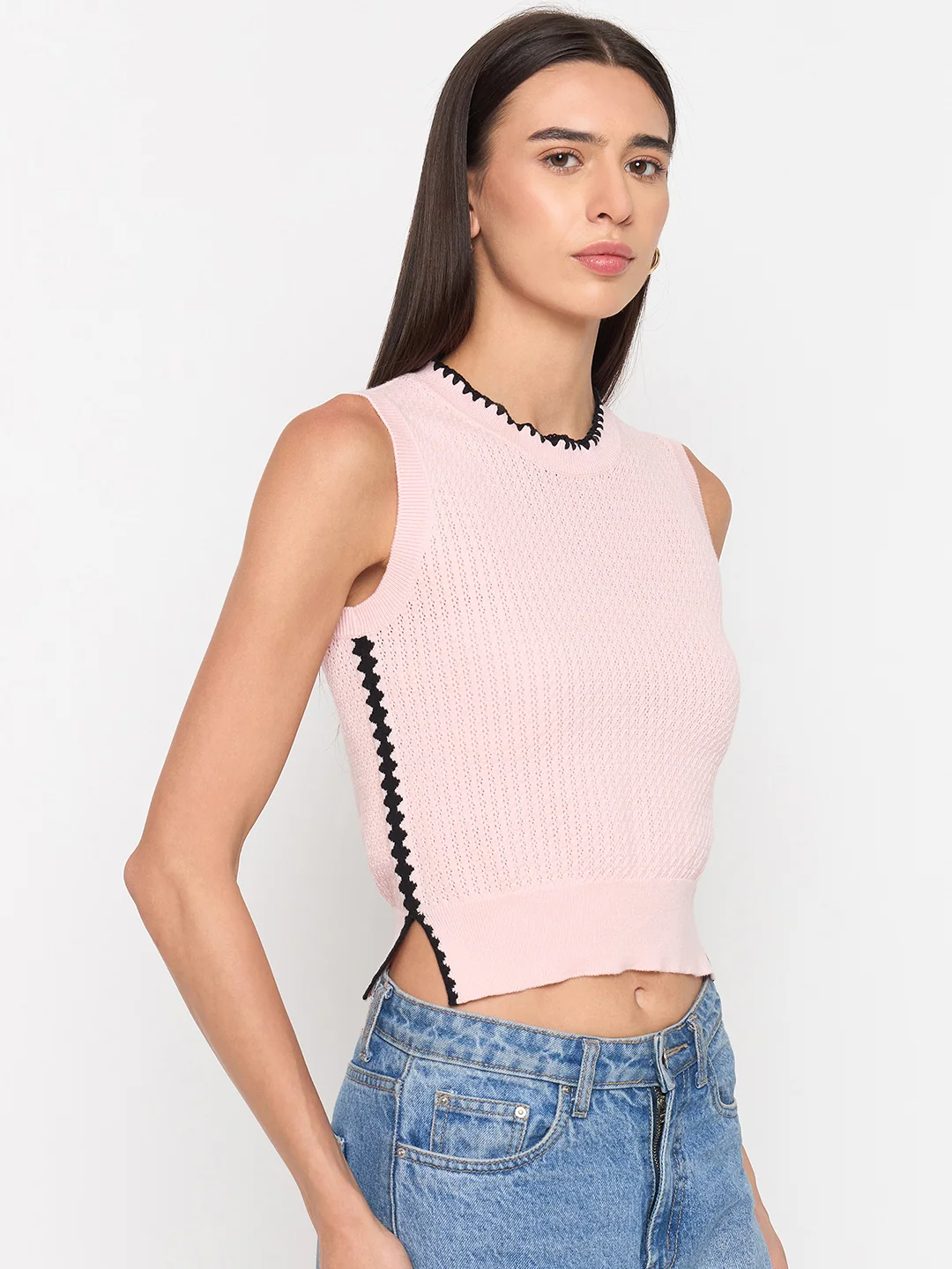 Madame Powder Pink Contrast Trim Cotton Knit Top - Image 4