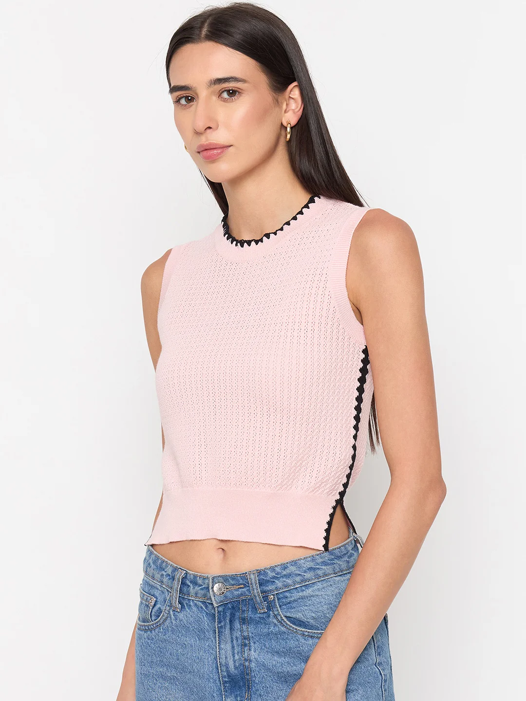 Madame Powder Pink Contrast Trim Cotton Knit Top - Image 5