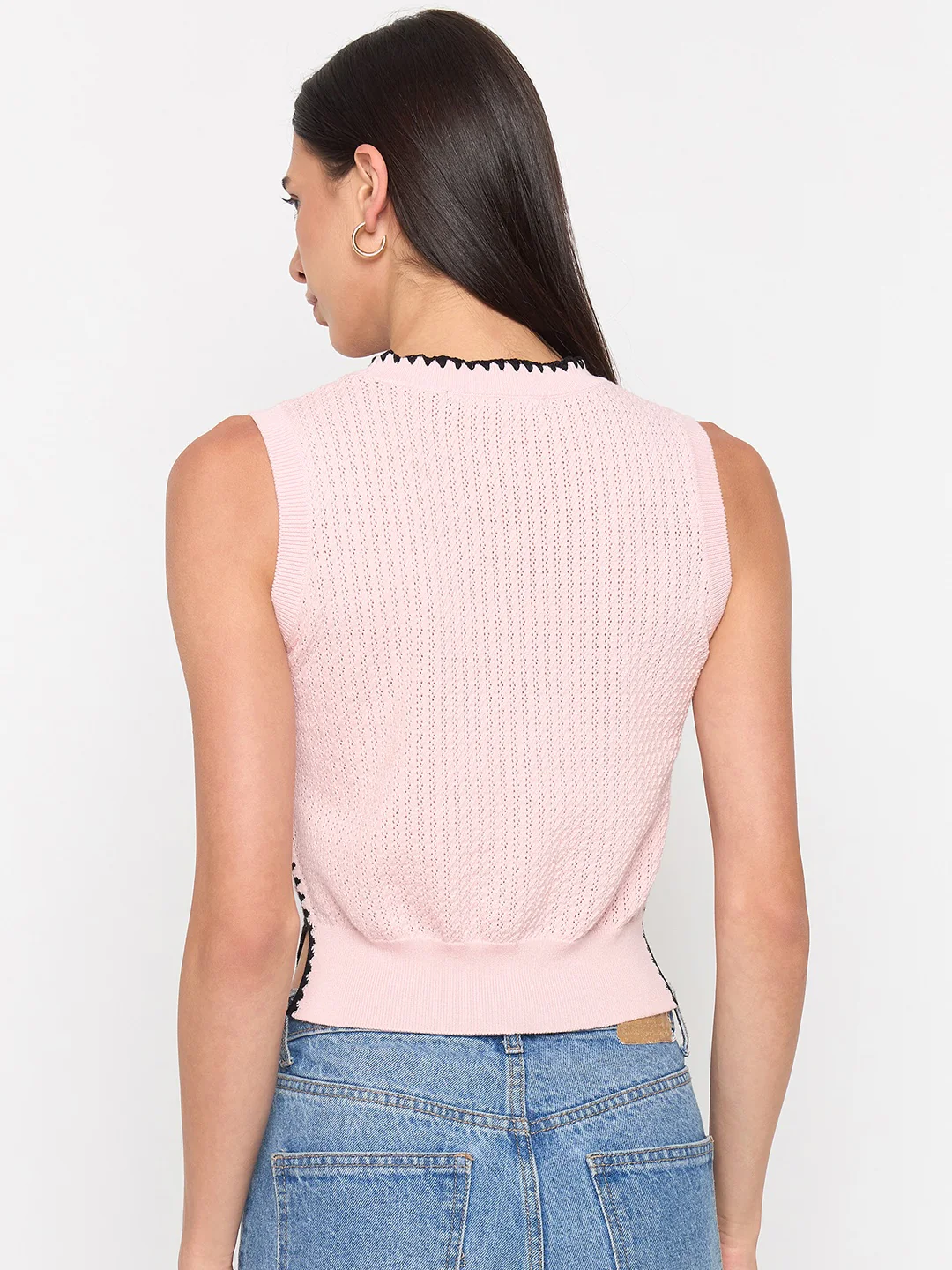 Madame Powder Pink Contrast Trim Cotton Knit Top - Image 6