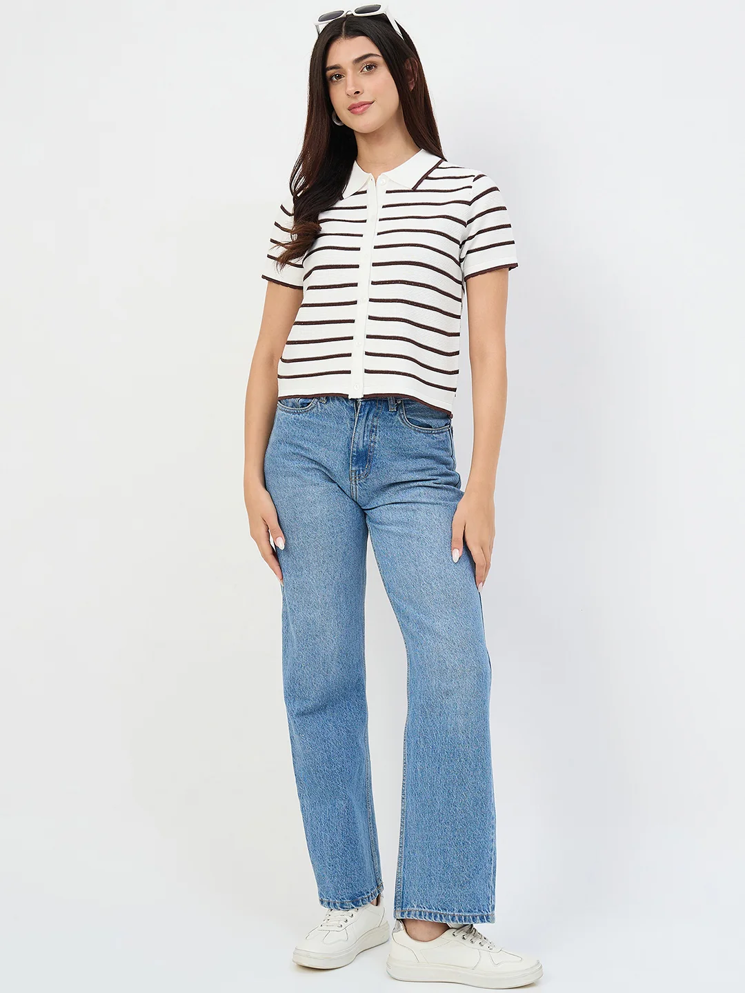 Madame Coffee Striped Cotton Polo Knit T-Shirt - Image 3