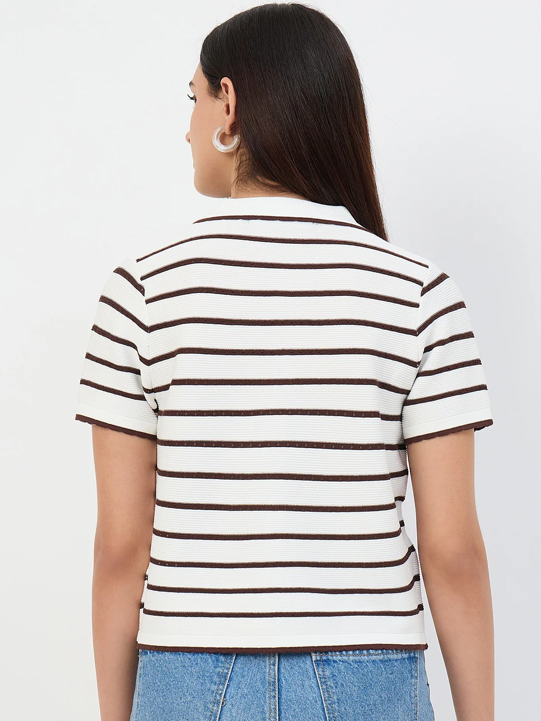 Madame Coffee Striped Cotton Polo Knit T-Shirt - Image 6