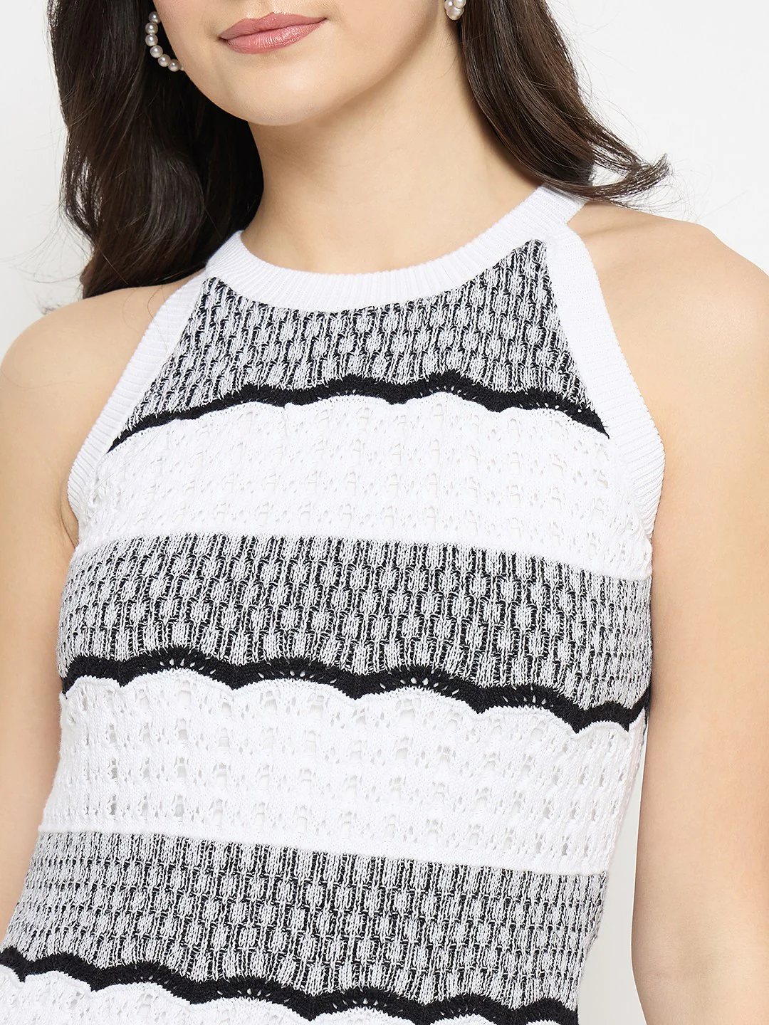 Madame Black Striped Halter Neck Cotton Dress for Women - Image 7