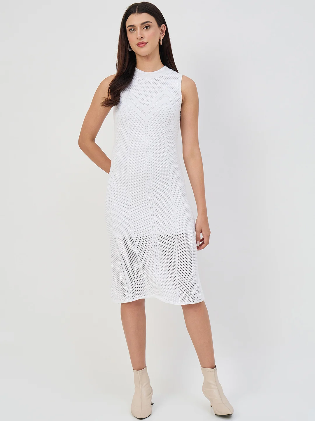 Madame White Cotton Knit Self-Design Bodycon Dress - Image 2