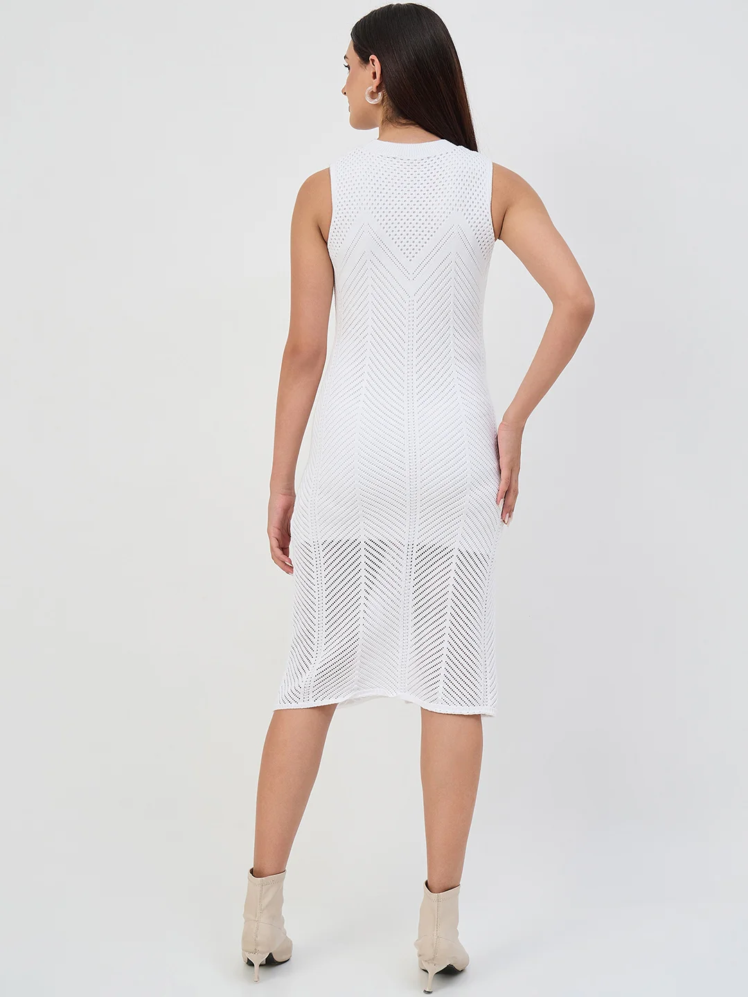 Madame White Cotton Knit Self-Design Bodycon Dress - Image 7