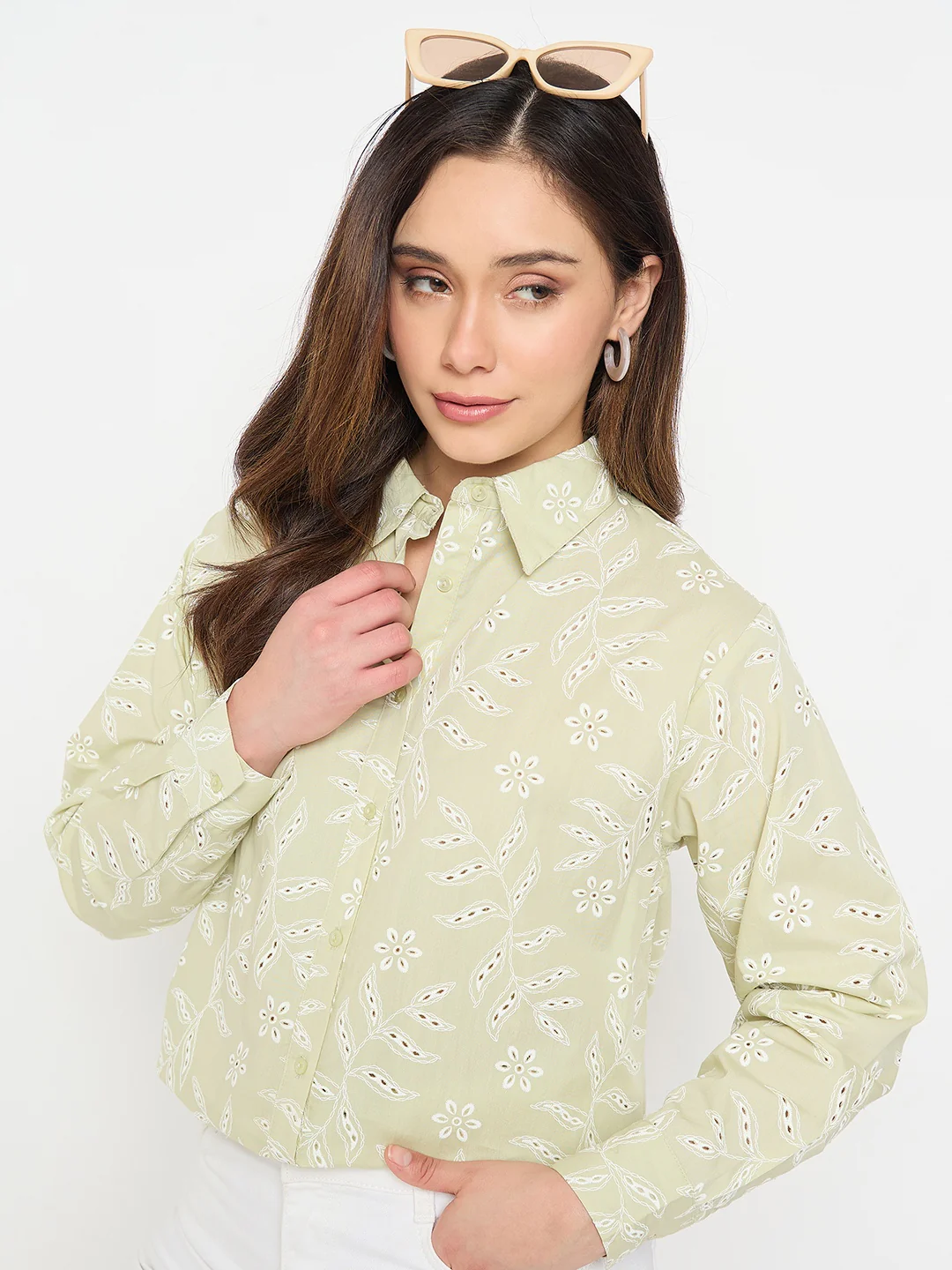 Madame Embroidered Green Cotton Shirt - Image 3