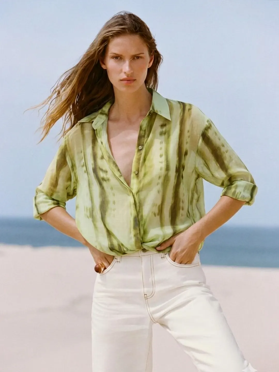 Madame Green Tencel Nylon Blend Printed Shirt